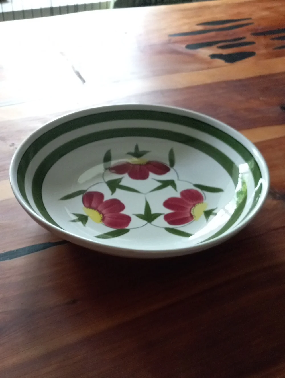 Pink Floral Ceramic Ironstone Ware Serving Bowl with Green Trim